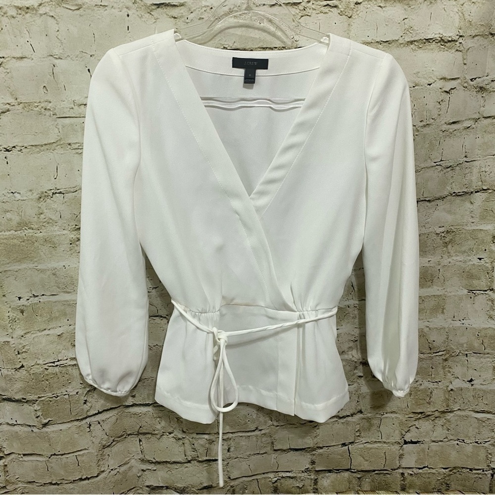 J Crew White Drapey Crepe Faux-Wrap Top Long Sleeve Peplum Blouse